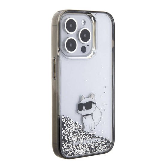 iPhone 15 Pro Max Uyumlu Kılıf Karl Lagerfeld Choupette Sıvılı Glitter Orjinal Lisanslı Kapak Şeffaf