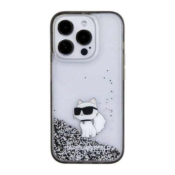 iPhone 15 Pro Max Uyumlu Kılıf Karl Lagerfeld Choupette Sıvılı Glitter Orjinal Lisanslı Kapak Şeffaf