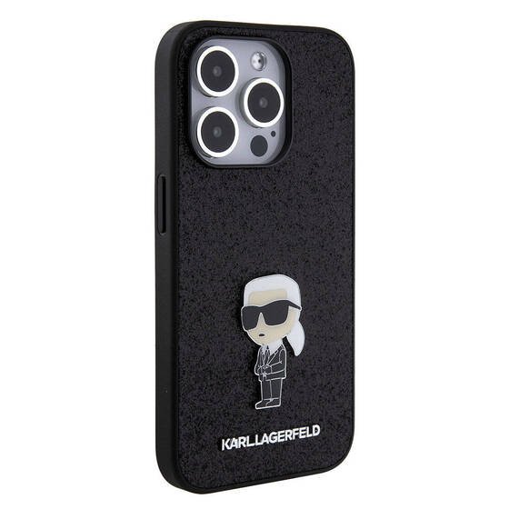 iPhone 15 Pro Max Uyumlu Kılıf Karl Lagerfeld İkonik Fixed Glitter Metal Logo Orjinal Lisanslı Siyah