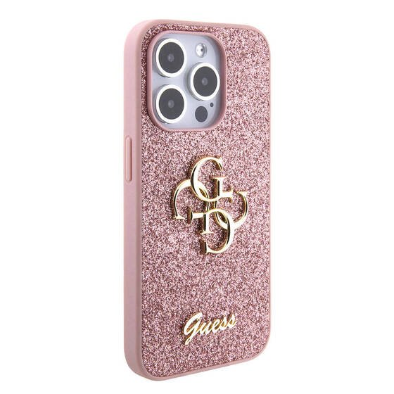 iPhone 15 Pro Uyumlu Kılıf Guess Orjinal Lisanslı 4G Büyük Metal Logolu Glitter Kapak Pembe