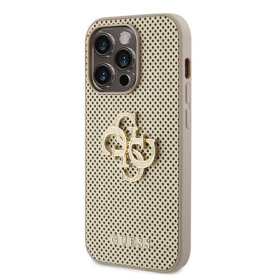 iPhone 15 Pro Uyumlu Kılıf Guess Orjinal Lisanslı Delikli Yazı ve 4G Glitter Büyük Metal Logo Gold