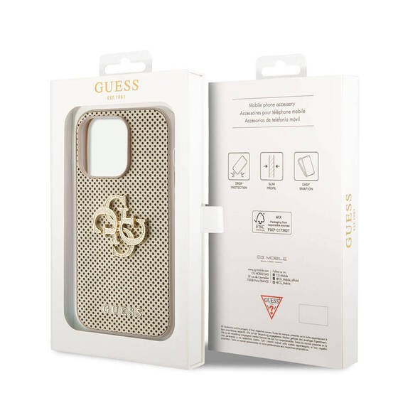 iPhone 15 Pro Uyumlu Kılıf Guess Orjinal Lisanslı Delikli Yazı ve 4G Glitter Büyük Metal Logo Gold