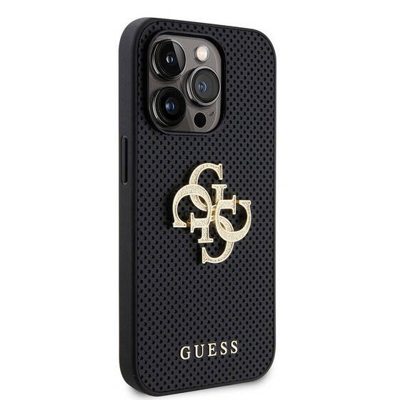 iPhone 15 Pro Uyumlu Kılıf Guess Orjinal Lisanslı Delikli Yazı ve 4G Glitter Büyük Metal Logo Siyah