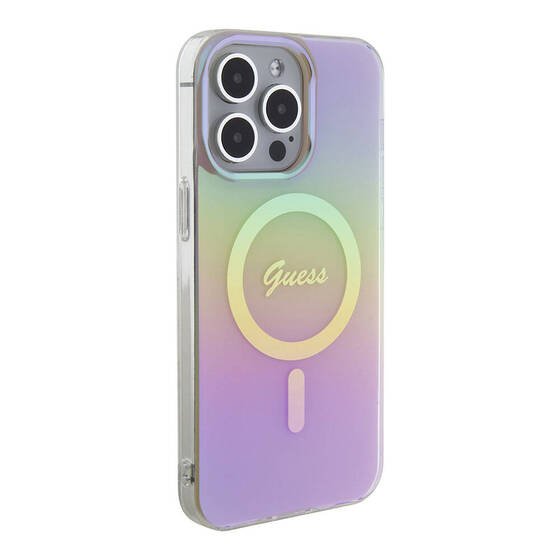 iPhone 15 Pro Uyumlu Kılıf Guess Orjinal Lisanslı Magsafe Şarj Özellik Yazı Logolu Iridescent Pembe