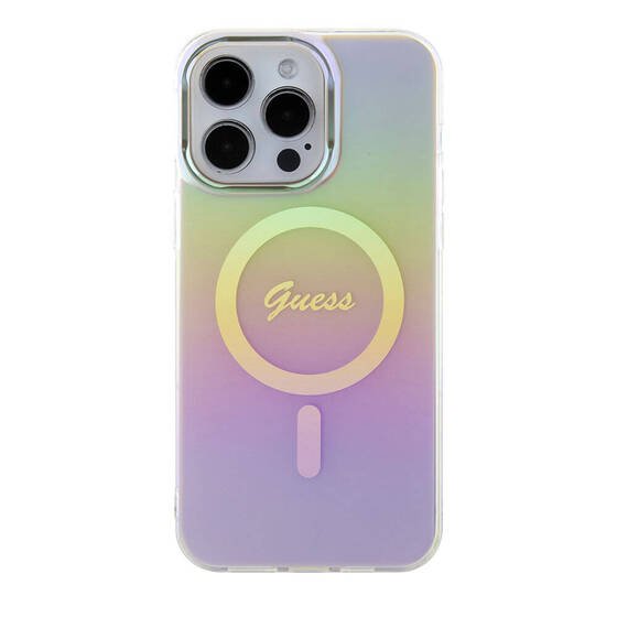 iPhone 15 Pro Uyumlu Kılıf Guess Orjinal Lisanslı Magsafe Şarj Özellik Yazı Logolu Iridescent Pembe