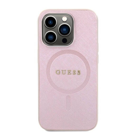 iPhone 15 Pro Uyumlu Kılıf Guess Orjinal Lisanslı Magsafe Şarj Özellikli Yazı Logolu Saffiano Pembe