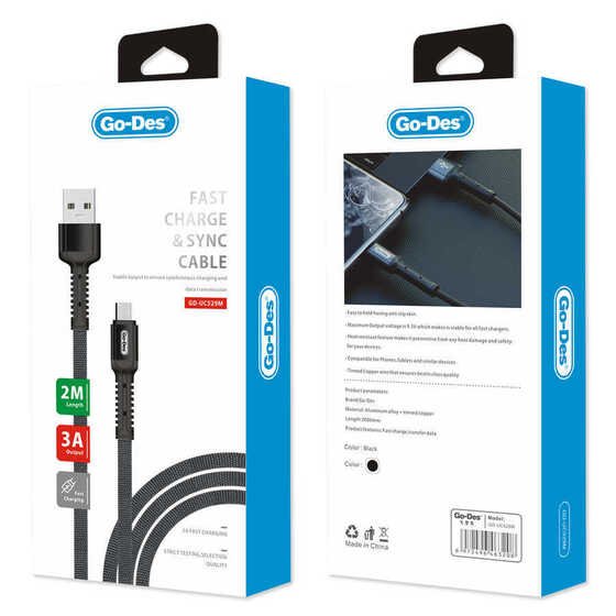 Go Des GD-UC529 Micro USB Kablo 3A Hızlı Şarj Kablosu 2 metre Data Kablo Naylon Örgü