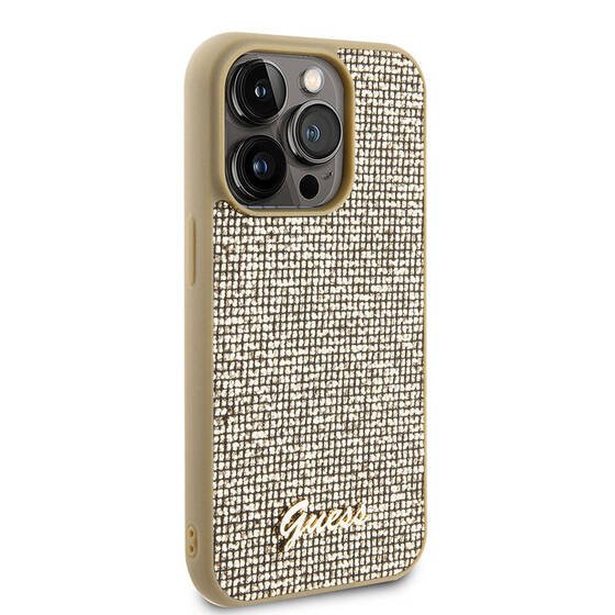 iPhone 15 Pro Uyumlu Kılıf Guess Orjinal Lisanslı Yazı Logolu Disco Script Metal Kapak Gold