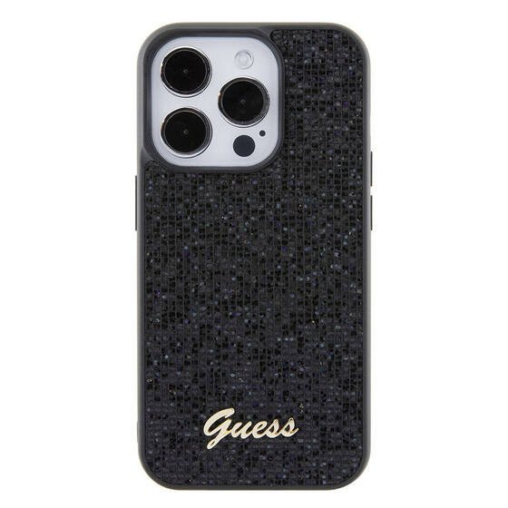 iPhone 15 Pro Uyumlu Kılıf Guess Orjinal Lisanslı Yazı Logolu Disco Script Metal Kapak Siyah