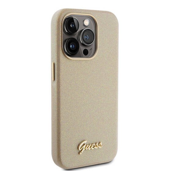 iPhone 15 Pro Uyumlu Kılıf Guess Orjinal Lisanslı Yazı Logolu Glitter Glossy Script Kapak Gold