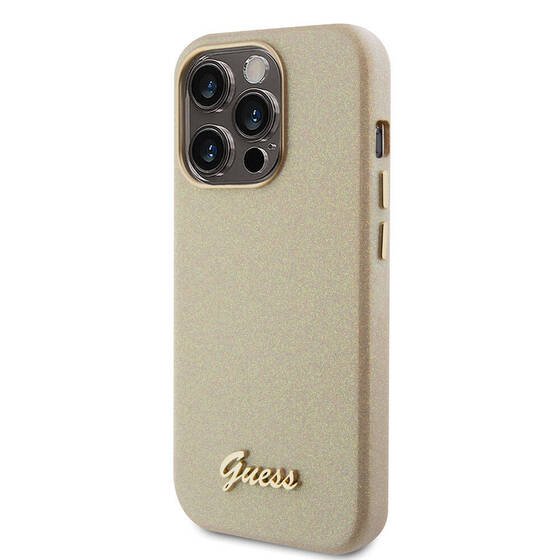 iPhone 15 Pro Uyumlu Kılıf Guess Orjinal Lisanslı Yazı Logolu Glitter Glossy Script Kapak Gold