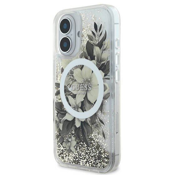 Apple iPhone 16 Kılıf Guess Orjinal Lisanslı Magsafe Şarj Özellikli LIQ Glitter Flower Kapak