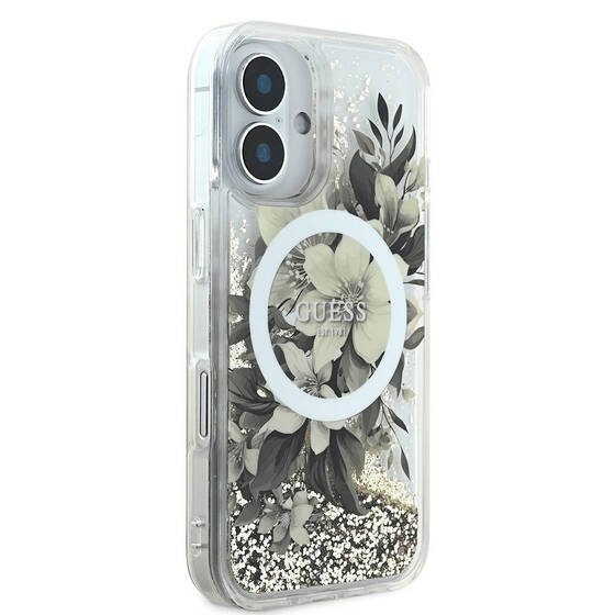 Apple iPhone 16 Kılıf Guess Orjinal Lisanslı Magsafe Şarj Özellikli LIQ Glitter Flower Kapak