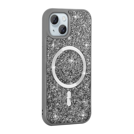 iPhone 15 Plus Kılıf Pırlanta Tasarımlı M-safe Şarj Özellikli Mozaik Silikon Kapak