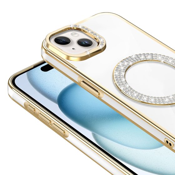iPhone 15 Kılıf Pırlanta Taş Tasarımlı M-safe Şarj Özellikli Karetta Silikon Kapak