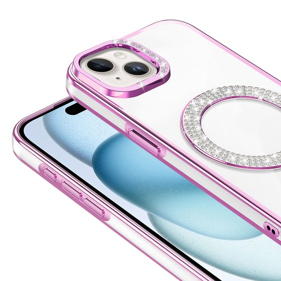 iPhone 15 Kılıf Pırlanta Taş Tasarımlı M-safe Şarj Özellikli Karetta Silikon Kapak