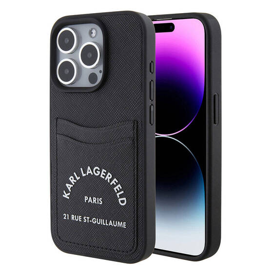 iPhone 15 Pro Uyumlu Kılıf Karl Lagerfeld Kartlıklı Saffiano 3D RSG Logo Orjinal Lisans Kapak Siyah