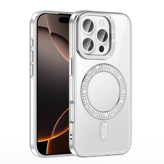 iPhone 16 Pro Kılıf Pırlanta Taş Tasarımlı M-safe Şarj Özellikli Karetta Silikon Kapak
