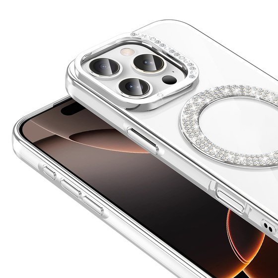iPhone 16 Pro Kılıf Pırlanta Taş Tasarımlı M-safe Şarj Özellikli Karetta Silikon Kapak