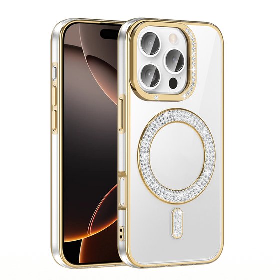 iPhone 16 Pro Kılıf Pırlanta Taş Tasarımlı M-safe Şarj Özellikli Karetta Silikon Kapak