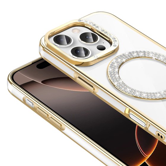 iPhone 16 Pro Kılıf Pırlanta Taş Tasarımlı M-safe Şarj Özellikli Karetta Silikon Kapak