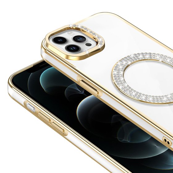 iPhone 12 Kılıf Pırlanta Taş Tasarımlı M-safe Şarj Özellikli Karetta Silikon Kapak