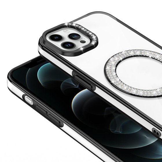 iPhone 12 Pro Kılıf Pırlanta Taş Tasarımlı M-safe Şarj Özellikli Karetta Silikon Kapak
