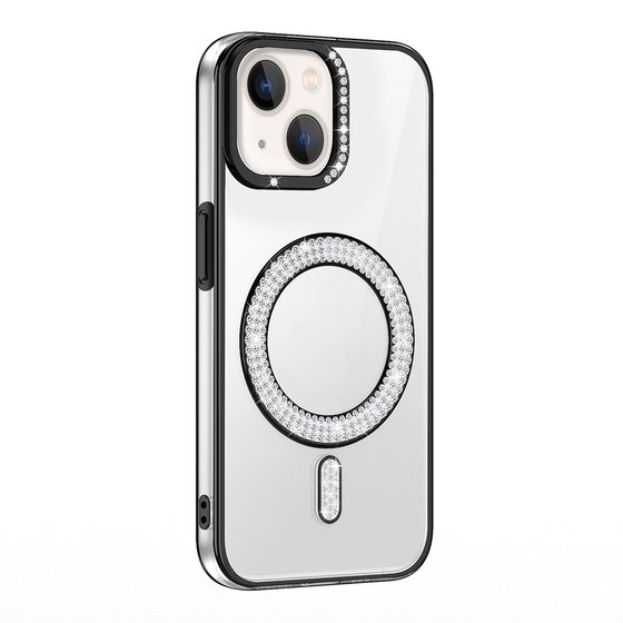 iPhone 13/14 Kılıf Pırlanta Taş Tasarımlı M-safe Şarj Özellikli Karetta Silikon Kapak
