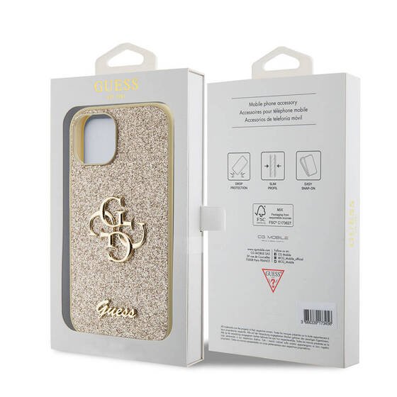 iPhone 15 Uyumlu Kılıf Guess Orjinal Lisanslı 4G Büyük Metal Logolu Glitter Kapak Gold