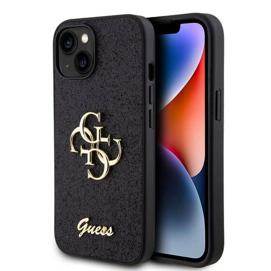 iPhone 15 Uyumlu Kılıf Guess Orjinal Lisanslı 4G Büyük Metal Logolu Glitter Kapak Siyah