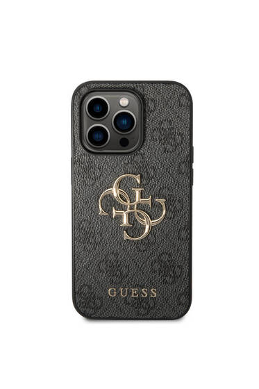 iPhone 14 Pro Uyumlu Kılıf Guess PU Deri Büyük Metal Logo Dizaynlı Kapak Gri