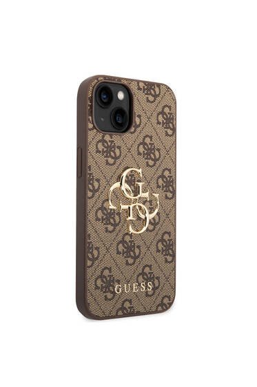 iPhone 14 Uyumlu Kılıf Guess PU Deri Büyük Metal Logo Dizaynlı Kapak Kahverengi