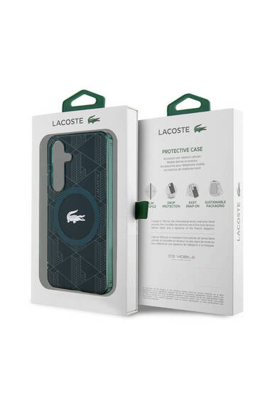 Galaxy S24 Uyumlu Kılıf Lacoste Lisanslı Magsafe Çift Katman Timsah Logolu Blend Monogram Koyu Yeşil