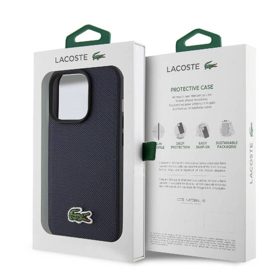 iPhone 15 Pro Max Kılıf Lacoste Orjinal Lisanslı PU Pike Desenli İkonik Timsah Dokuma Logo Lacivert