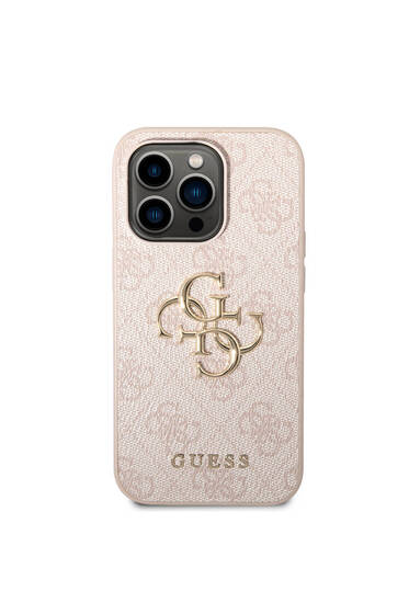 iPhone 14 Pro Uyumlu Kılıf Guess PU Deri Büyük Metal Logo Dizaynlı Kapak Pembe