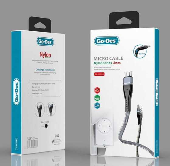 Go Des GD-UC520 Micro USB Kablo 2.4A Şarj Kablosu 100 cm Data Kablo Naylon Örgü