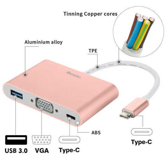 Benks U20 Type-C Çoğaltıcı 3 in 1 (USB 3.0 + VGA + Type-C) Dönüştürücü Adaptör