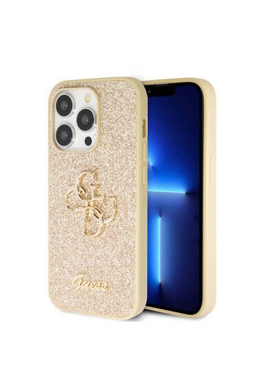 iPhone 14 Pro Max Uyumlu Kılıf Guess  Lisanslı 4G Büyük Metal Logolu Glitter Kapak Gold