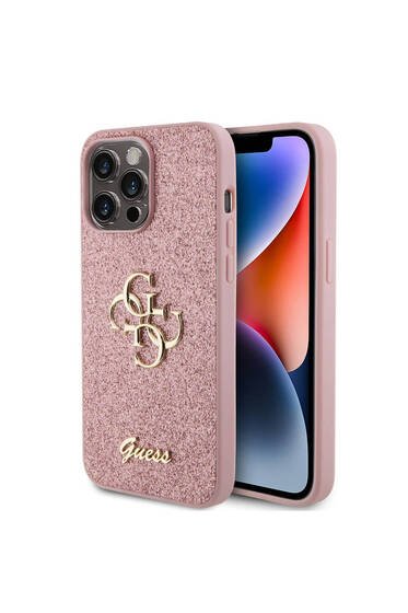 iPhone 14 Pro Max Uyumlu Kılıf Guess  Lisanslı 4G Büyük Metal Logolu Glitter Kapak Pembe