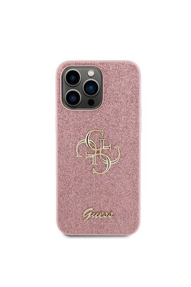 iPhone 14 Pro Max Uyumlu Kılıf Guess  Lisanslı 4G Büyük Metal Logolu Glitter Kapak Pembe