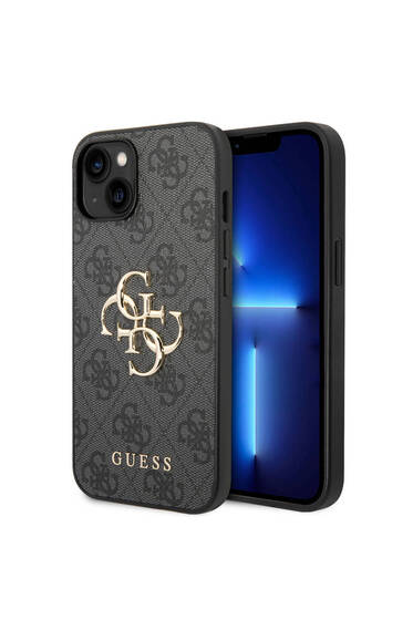 iPhone 14 Uyumlu Kılıf Guess PU Deri Büyük Metal Logo Dizaynlı Kapak Gri