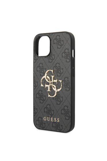 iPhone 14 Uyumlu Kılıf Guess PU Deri Büyük Metal Logo Dizaynlı Kapak Gri