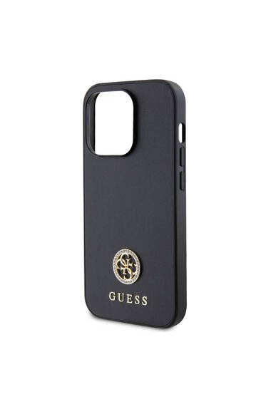 iPhone 14 Pro Max Uyumlu Kılıf Guess  Lisanslı Deri 4G Metal Logo Strass Kapak Siyah