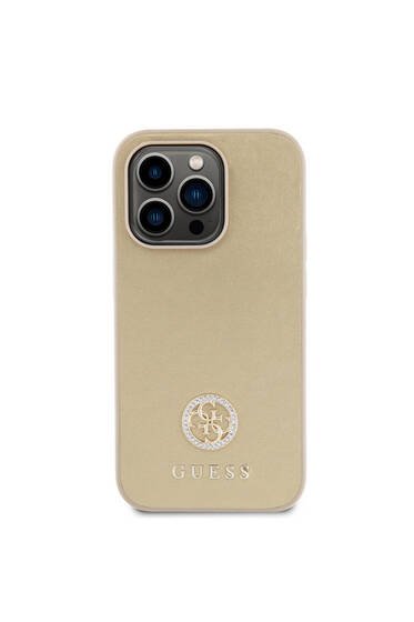 iPhone 14 Pro Max Uyumlu Kılıf Guess  Lisanslı Deri 4G Metal Logo Strass Kapak Gold