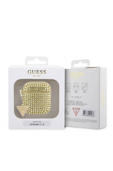 Kılıf Guess  Lisanslı Parıltılı Taş Kaplamalı Üçgen Logo Süs Zincirli Gold