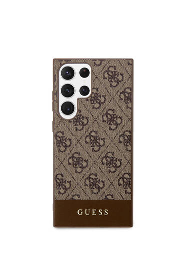 Galaxy S24 Ultra Uyumlu Kılıf Guess Lisanslı PU Deri Şerit Logo Dizaynlı Kapak Kahverengi