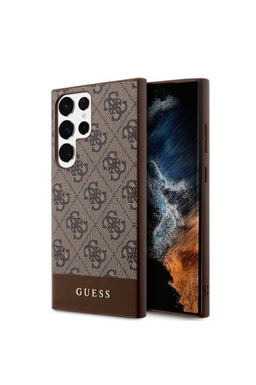 Galaxy S24 Ultra Uyumlu Kılıf Guess Lisanslı PU Deri Şerit Logo Dizaynlı Kapak Kahverengi