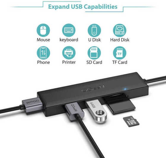 Qgeem QG-UH05 UH05 Type-C Hub 5 in 1 Micro SD + USB 3.0 Çoğaltıcı Adaptör 20 cm