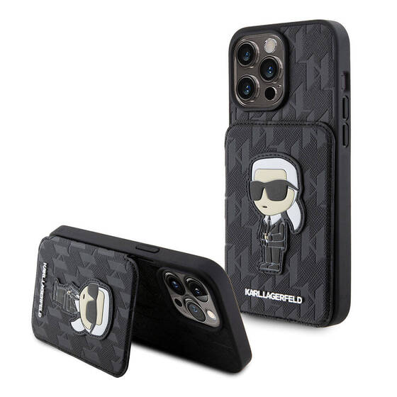 Apple iPhone 15 Pro Max Kılıf Karl Lagerfeld Standlı Kartlıklı Saffiano Monogram İkonik Metal Logo Orjinal Lisanslı Kapak