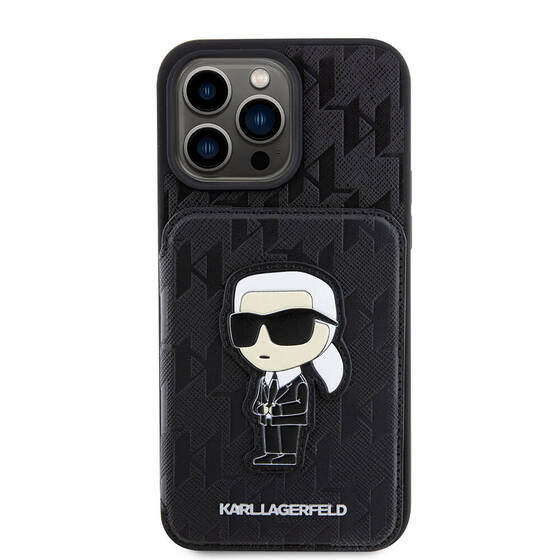 Apple iPhone 15 Pro Kılıf Karl Lagerfeld Standlı Kartlıklı Saffiano Monogram İkonik Metal Logo Orjinal Lisanslı Kapak